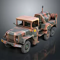 Vintage Military Truck Featuring Camouflage Paint Multiple Wheels And Roof Equipment