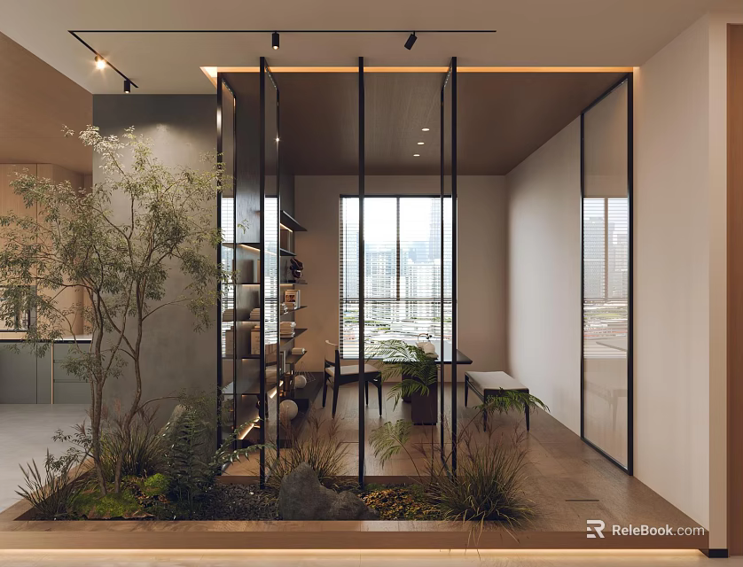 Modern Study Room Interior Design With Wooden Bookshelves And Writing Desk 3d model 