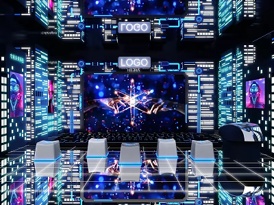 Futuristic Photo Check-in Spot With Neon Lights Screens Seating And Reflective Floor 3d model