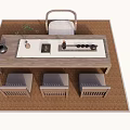 Modern Wooden Tea Table and Chairs with Hanging Plant on Woven Rug