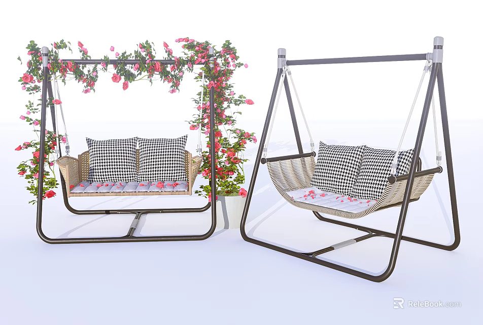 Outdoor Garden Hanging Chair with Black Frame Checkered Cushions and Red Flower Vines 3d model 