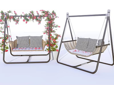Outdoor Garden Hanging Chair with Black Frame Checkered Cushions and Red Flower Vines 3d model