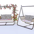 Outdoor Garden Hanging Chair with Black Frame Checkered Cushions and Red Flower Vines