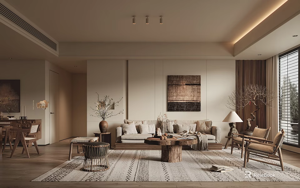 Modern Beige Living Room Interior Design With Sofa Coffee Table Rug And Decorative Artwork 3d model 