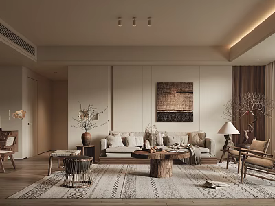 Modern Beige Living Room Interior Design With Sofa Coffee Table Rug And Decorative Artwork 3d model