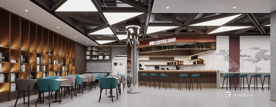 Modern Coffee Shop Interior With Geometric Ceiling Central Pillar Bar Counter And Seating 3d model 