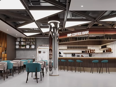 Modern Coffee Shop Interior With Geometric Ceiling Central Pillar Bar Counter And Seating 3d model