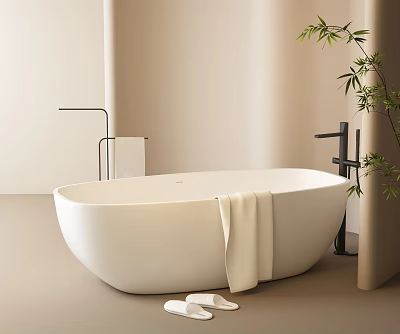 Minimalist Bathtub In Neutral Bathroom With Towel Slippers And Bamboo 3d model