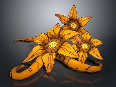 Cartoon Yellow Flowers With Black Lines And Swirly Centers On Curved Stems 3d model