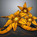 Cartoon Yellow Flowers With Black Lines And Swirly Centers On Curved Stems