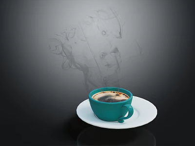Green Coffee Cup on White Saucer with Hot Coffee on Dark Background with Smoke Effect 3d model