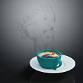 Green Coffee Cup on White Saucer with Hot Coffee on Dark Background with Smoke Effect
