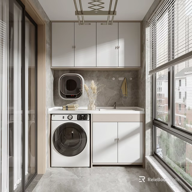 Modern Home Balcony With Laundry Cabinetry Washing Machine And Window View 3d model 