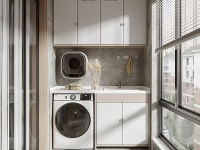 Modern Home Balcony With Laundry Cabinetry Washing Machine And Window View 3d model