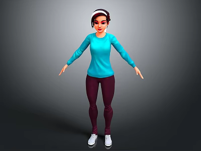 Fitness Character Wearing Blue Long Sleeve Top Dark Leggings White Sneakers And Headband On Gray 3d model