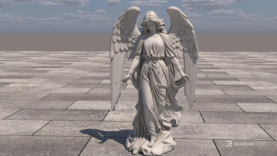 Detailed Angel Stone Sculpture With Large Wings Standing On Paved Ground 3d model 