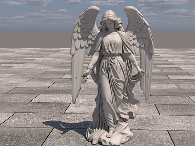 Detailed Angel Stone Sculpture With Large Wings Standing On Paved Ground 3d model