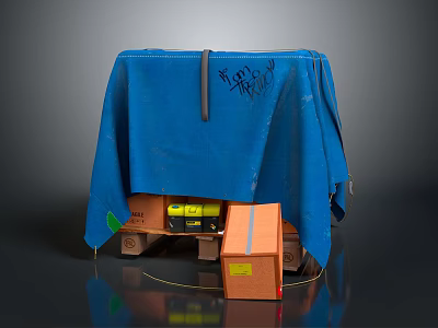 Household Items Covered With Blue Cloth On Pallet And Cardboard Box 3d model