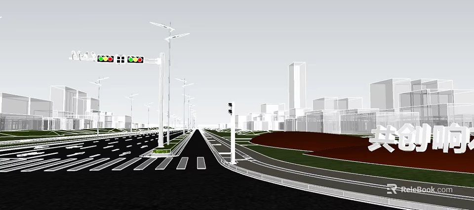 Urban Road Infrastructure With Street Lamps Traffic Lights And Lane Markings 3d model 