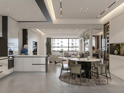Modern Open Concept Dining And Living Room Interior With Dining Table Sofa And Large Windows 3d model