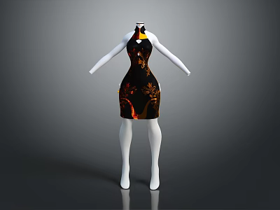 Traditional Chinese Cheongsam Black with Gold Red Floral Patterns Stand Collar 3d model