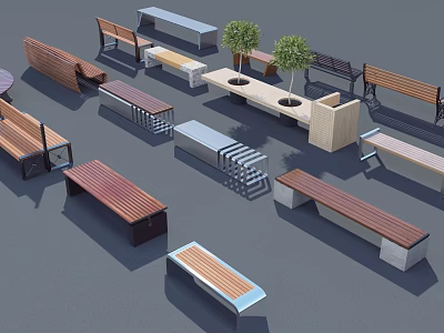 Outdoor Chairs with Various Designs and Different Materials in Outdoor Setting with Small Trees 3d model