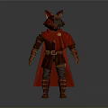 Man Wearing Brown Outfit And Red Cape With Yellow Cross Symbol Fox Head Brown Boots