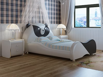 Children's Panda Shaped Bed White Black With Blue White Striped Bedding And Side Tables Lamps 3d model