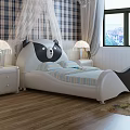 Children's Panda Shaped Bed White Black With Blue White Striped Bedding And Side Tables Lamps