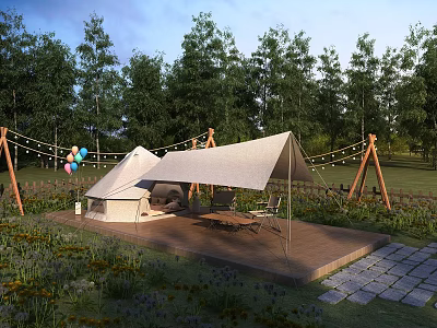 Scenic Camping Site With Canvas Awning Wooden Deck Tent And Colorful Balloons Among Trees 3d model