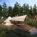 Scenic Camping Site With Canvas Awning Wooden Deck Tent And Colorful Balloons Among Trees