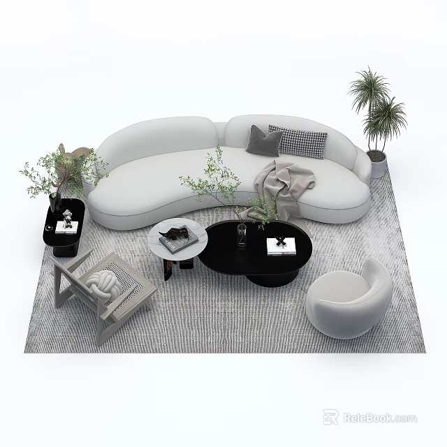 Modern Curved White Sofa and Black Coffee Table Set with Pillows Throw Blanket Plants 3d model 