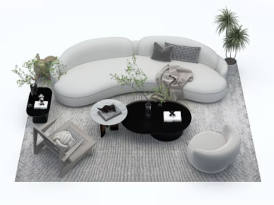 Modern Curved White Sofa and Black Coffee Table Set with Pillows Throw Blanket Plants 3d model