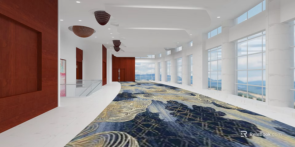 Spacious Hotel Corridor With Ornate Carpet White Walls Ceiling Pendant Lights And Large Windows 3d model 