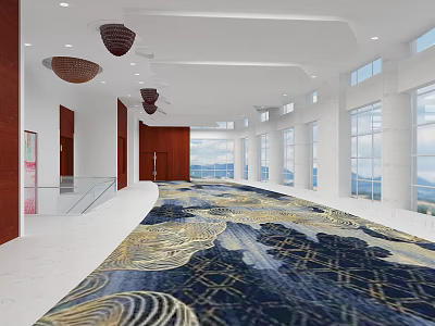 Spacious Hotel Corridor With Ornate Carpet White Walls Ceiling Pendant Lights And Large Windows 3d model