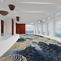 Spacious Hotel Corridor With Ornate Carpet White Walls Ceiling Pendant Lights And Large Windows