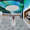 Bright Exhibition Hall Interior With White Display Pedestals Wooden Shelves And Green Blue Ceiling Design