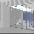 Modern Elevator Hallway Interior With Glass Partitions Blue Digital Screens And Recessed Lighting