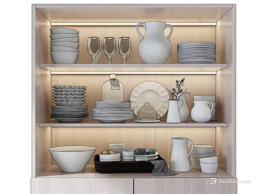 Stylish Dinnerware Set Display on Illuminated Shelves with Plates Bowls and Pitchers 3d model 