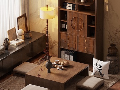 New Chinese Tatami Tea Room Antique Frame Floor Lamp Tea Table and Chair Combination model