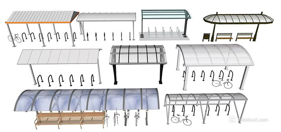 Different Canopies for Bicycle Parking and Bus Stop with Transparent Roofs and Metal Frames 3d model 