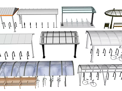 Different Canopies for Bicycle Parking and Bus Stop with Transparent Roofs and Metal Frames 3d model