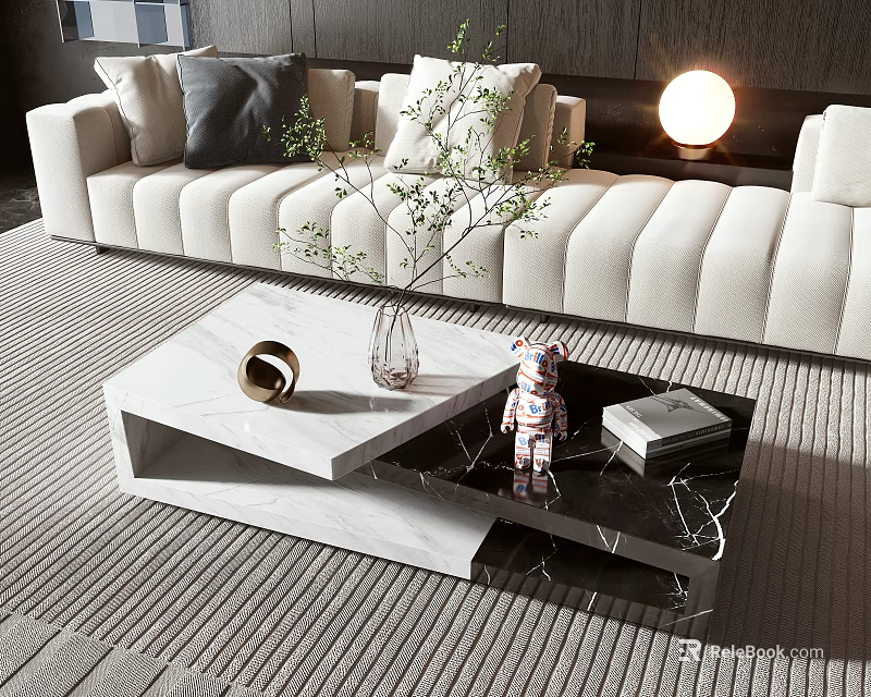 Modern Marble Coffee Table In Living Room With Sofa Area Rug And Vase 3d model 