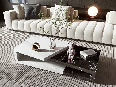 Modern Marble Coffee Table In Living Room With Sofa Area Rug And Vase 3d model