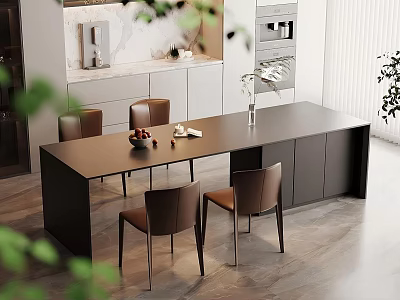 Modern Kitchen Dining Space With Dark Island Counter Brown Chairs And Plants 3d model