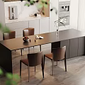 Modern Kitchen Dining Space With Dark Island Counter Brown Chairs And Plants