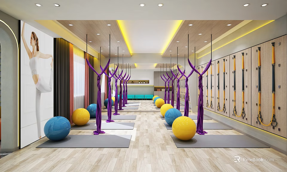 Bright Fitness Studio With Yoga Balls Yoga Mats Purple Equipment And Wooden Flooring For Workout 3d model 