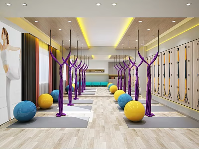 Bright Fitness Studio With Yoga Balls Yoga Mats Purple Equipment And Wooden Flooring For Workout 3d model