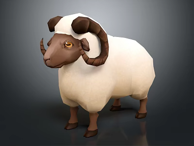 Cartoon Style 3D Sheep Model with White Wool Brown Head Curved Horns and Yellow Eyes 3d model