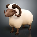 Cartoon Style 3D Sheep Model with White Wool Brown Head Curved Horns and Yellow Eyes